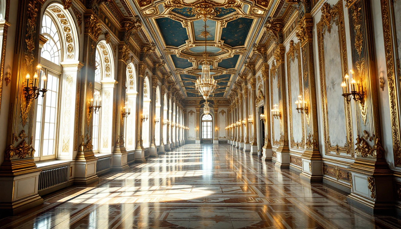 A long gilded palace gallery with tall windows, chandeliers and a polished floor