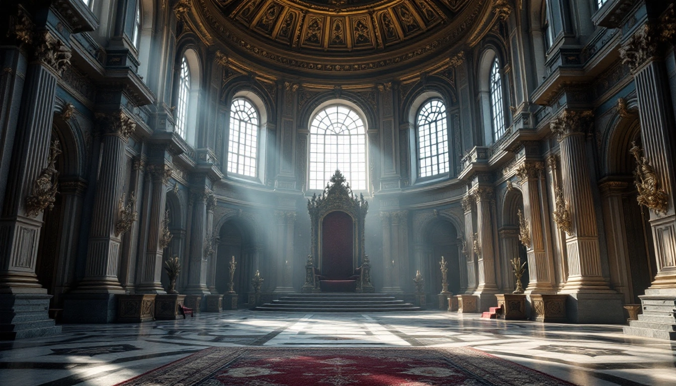 An ornate throne at the end of a grand hall lit by shafts of light