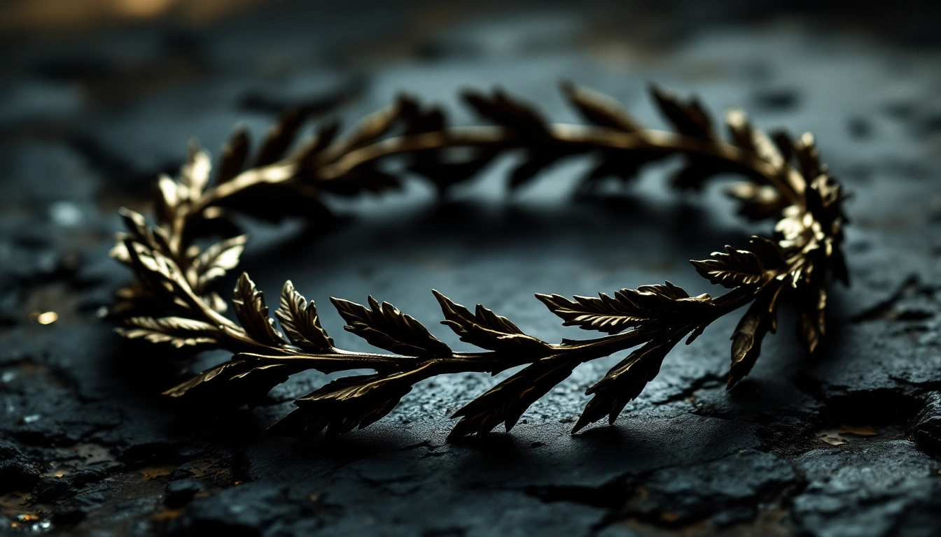 A gold laurel wreath lying on dark stone