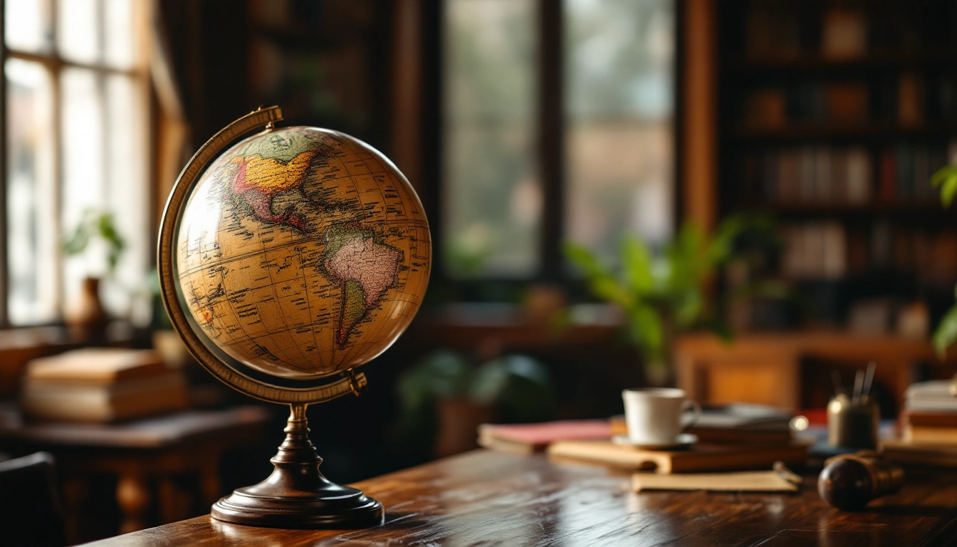 An antique globe on a wooden desk in a sunlit library