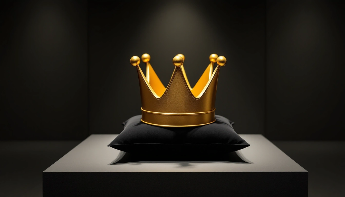 A gold crown on a black cushion on a stone plinth against a dark wall