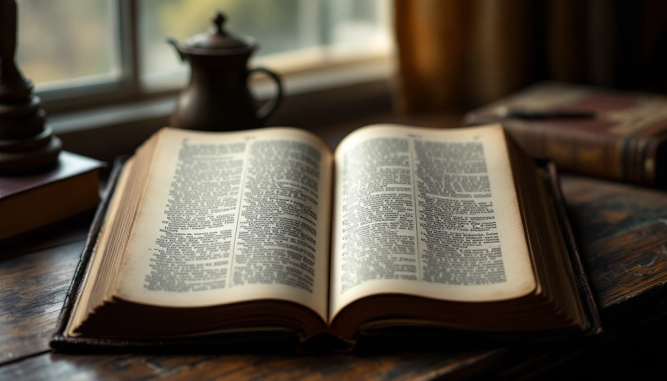 An old book lying open on a wooden desk beside a window
