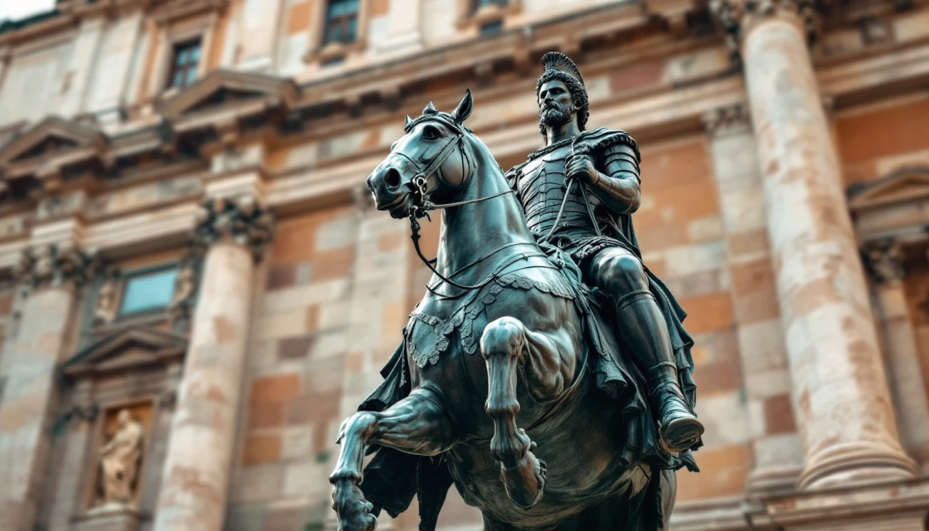 A bronze statue of a warrior on a horse in front of a historic building with large columns