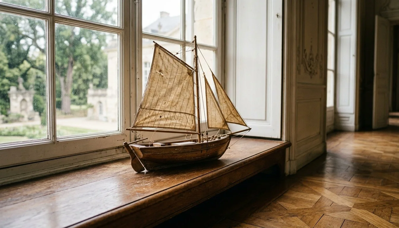 An antique wooden toy sailing boat on the windowsill of a grand nineteenth-century palace nursery with tall windows and parquet floor