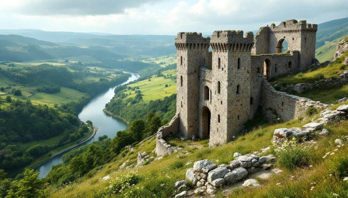 A stone castle ruin on a hillside overlooking a winding river and green valley