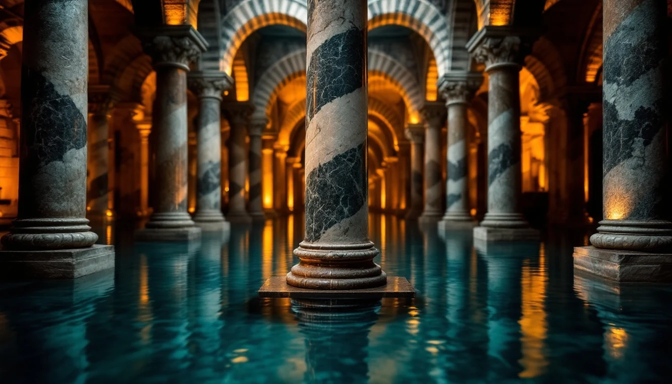 Marble columns with swirling patterns in a dimly lit vaulted space reflecting in calm blue water