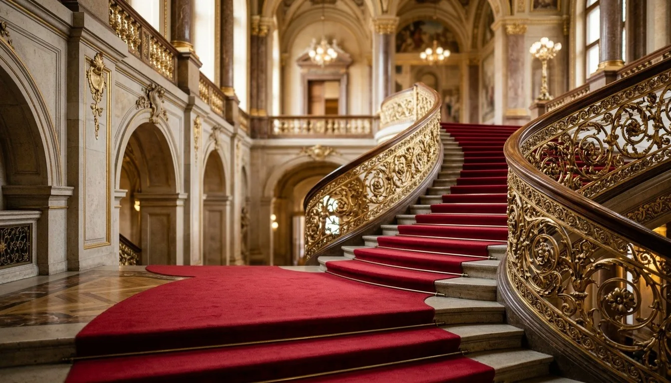 An empty red-carpeted grand staircase with gilded balustrades inside a stately palace