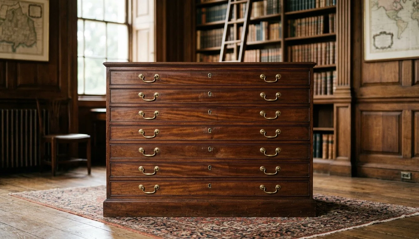 A mahogany map chest with closed wide shallow drawers and brass handles in an old wood-panelled library