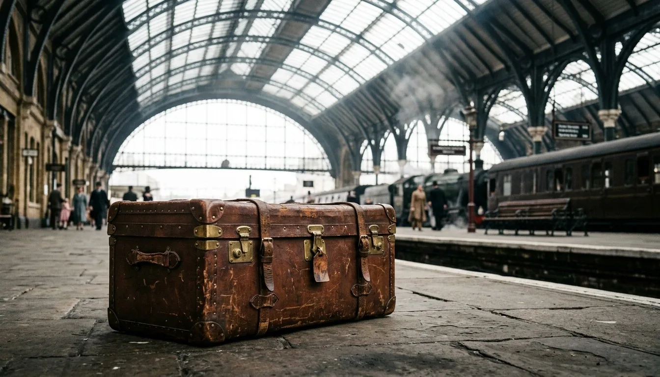A row of old leather steamer trunks and suitcases on the platform of a Victorian iron-and-glass railway station