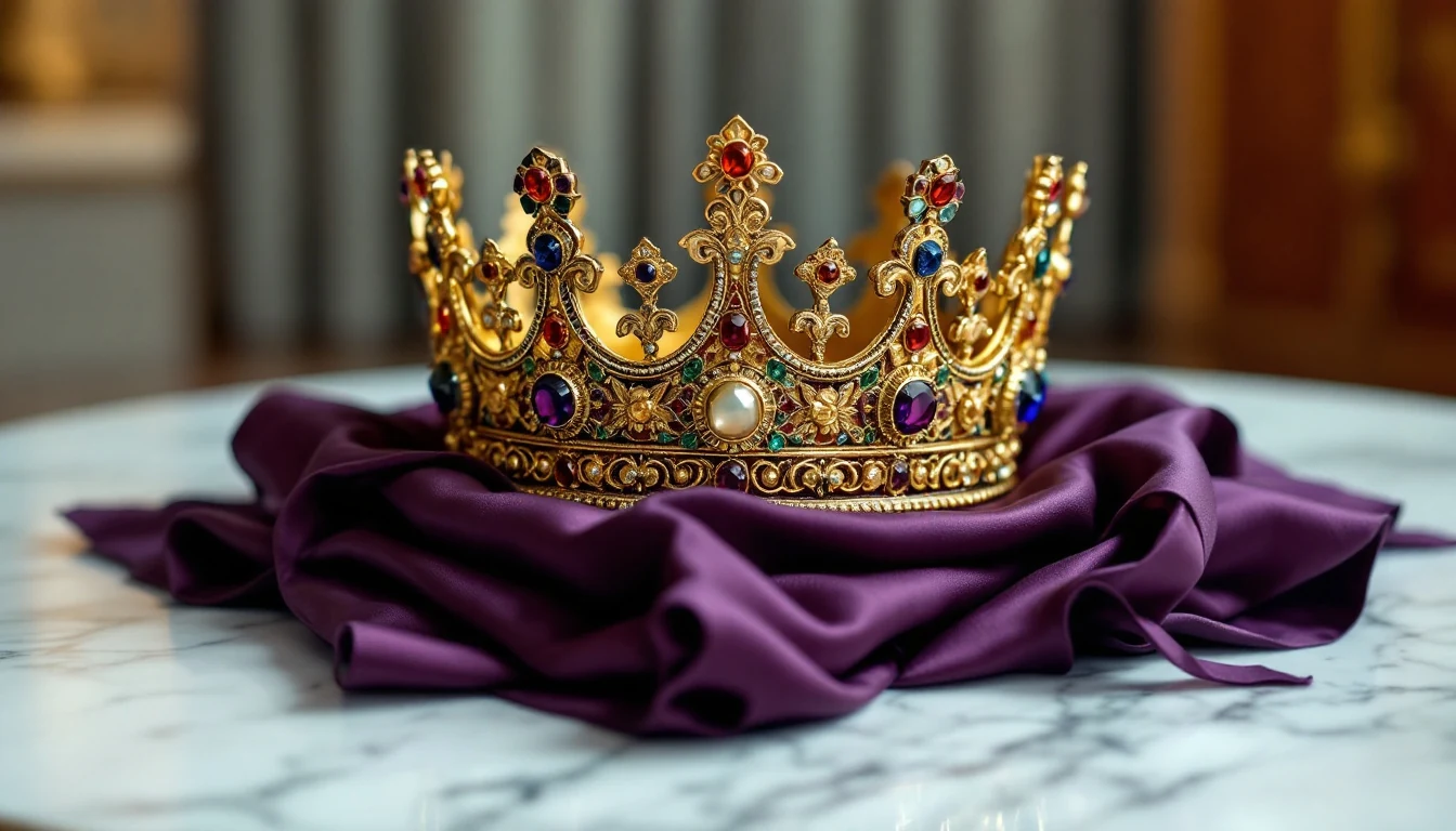 A jeweled golden crown resting on a purple cloth on a marble surface