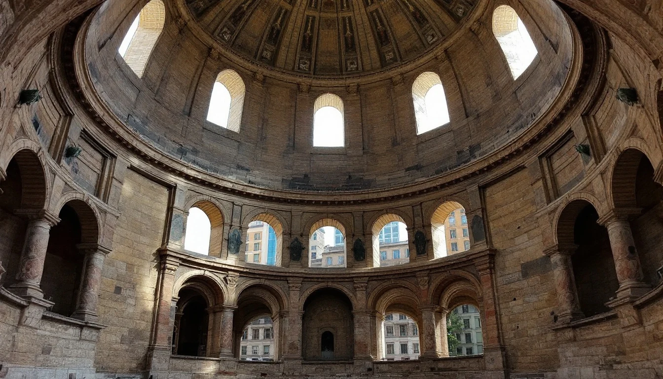 Interior view of a large historic stone rotunda with multiple arched windows and columns, revealing buildings outside