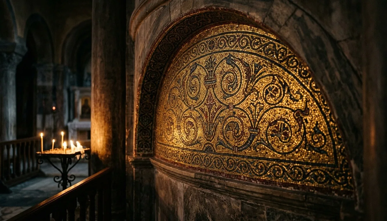 Glittering gold Byzantine mosaic tiles in an abstract geometric pattern on a curved church apse wall lit by candles