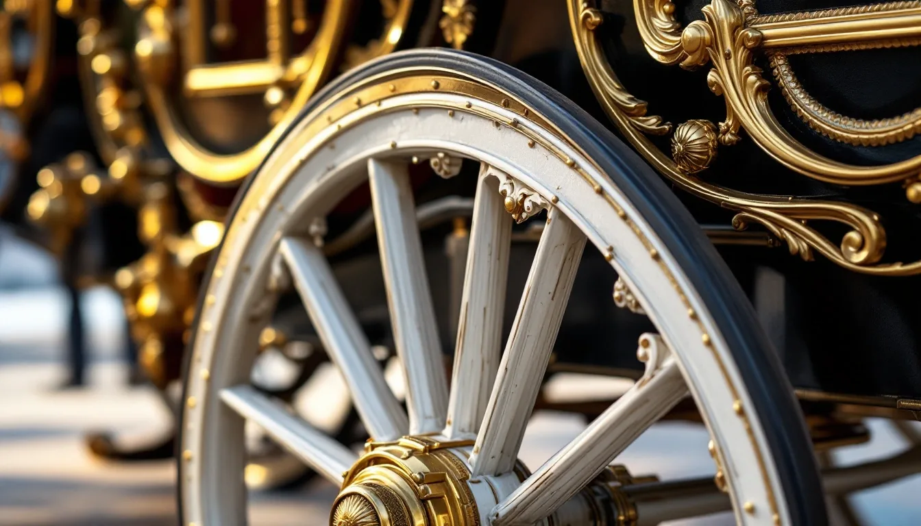 A close view of a white and gold ceremonial carriage wheel