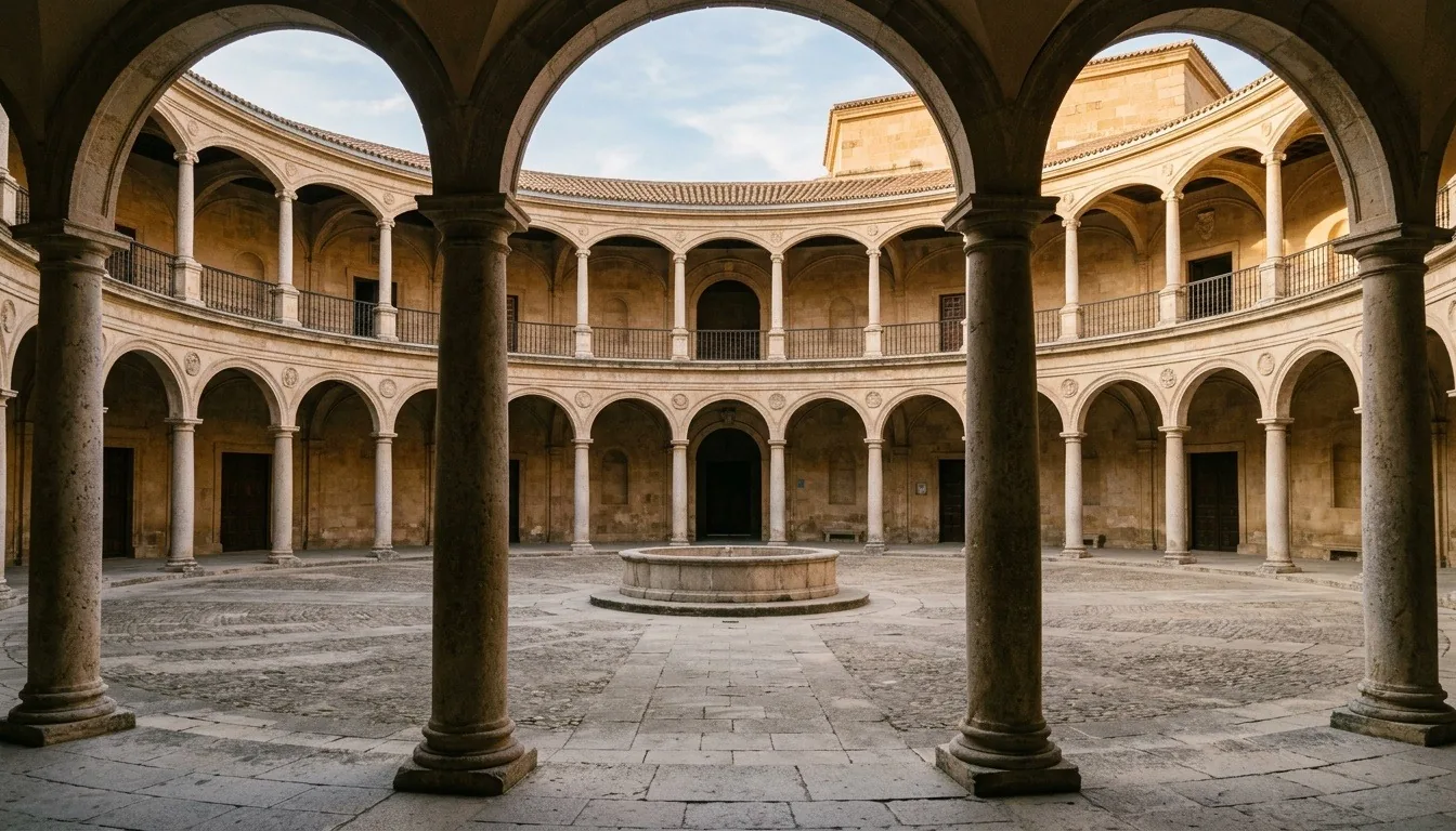 A circular two-storey Renaissance colonnaded courtyard of a Spanish palace in soft afternoon light