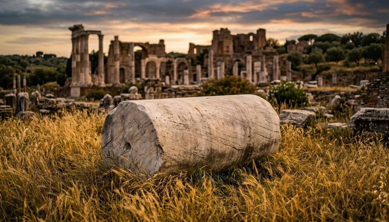 Toppled marble column drums lying in long grass among ancient Roman ruins at dusk