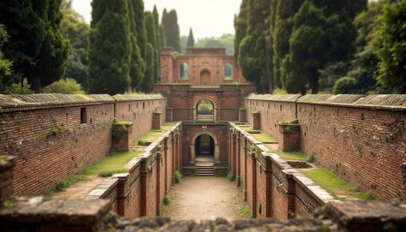 An ancient brick structure with arches surrounded by tall green trees