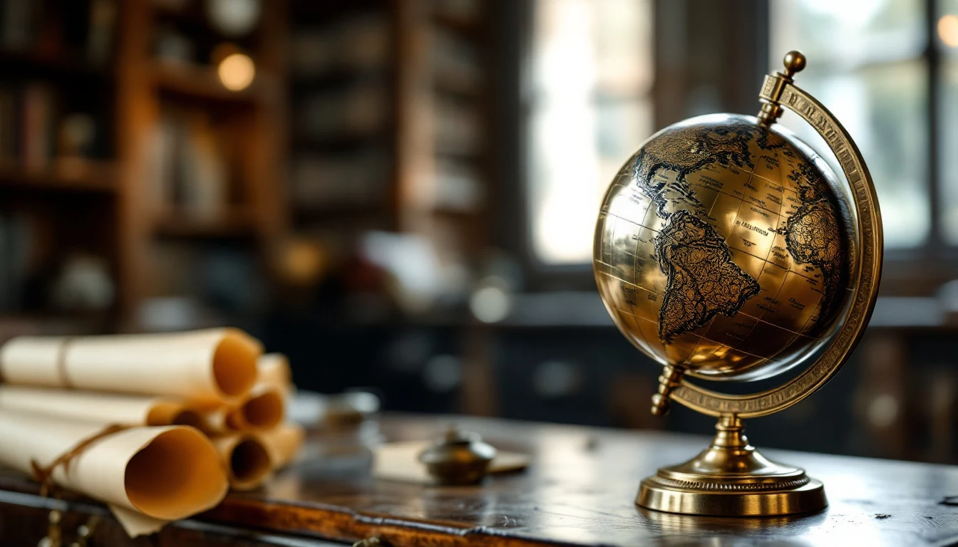 A brass globe on a wooden desk with rolled parchment scrolls in a vintage study or library setting