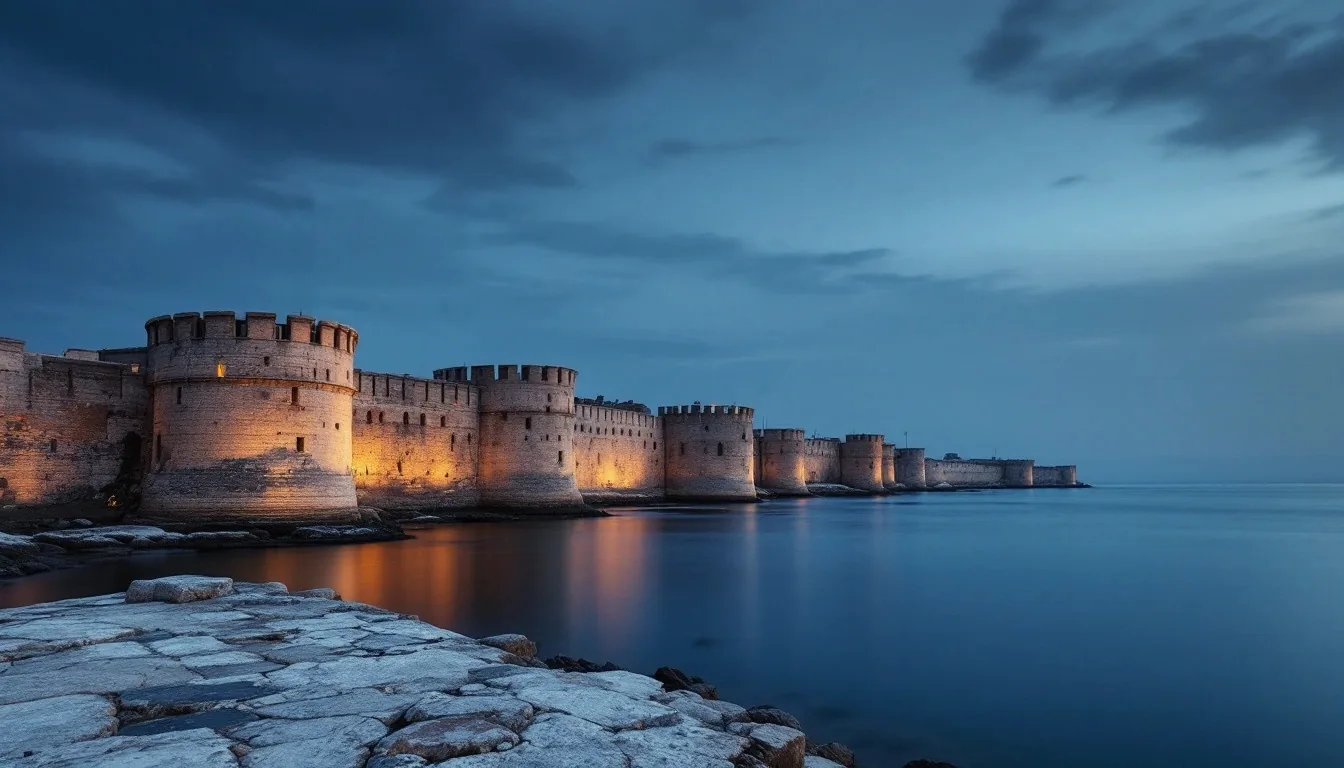 Floodlit medieval sea walls and round towers beside calm water at dusk
