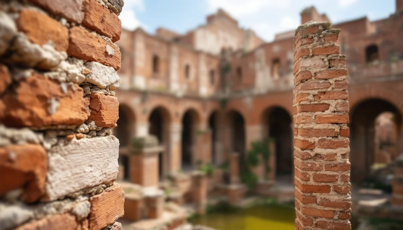 A close-up of weathered brick and stone walls with an ancient courtyard and arches in the background