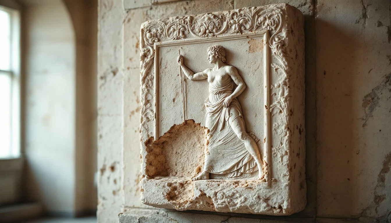 A detailed stone relief sculpture depicting a figure holding a staff with ornate floral decorations surrounding the scene