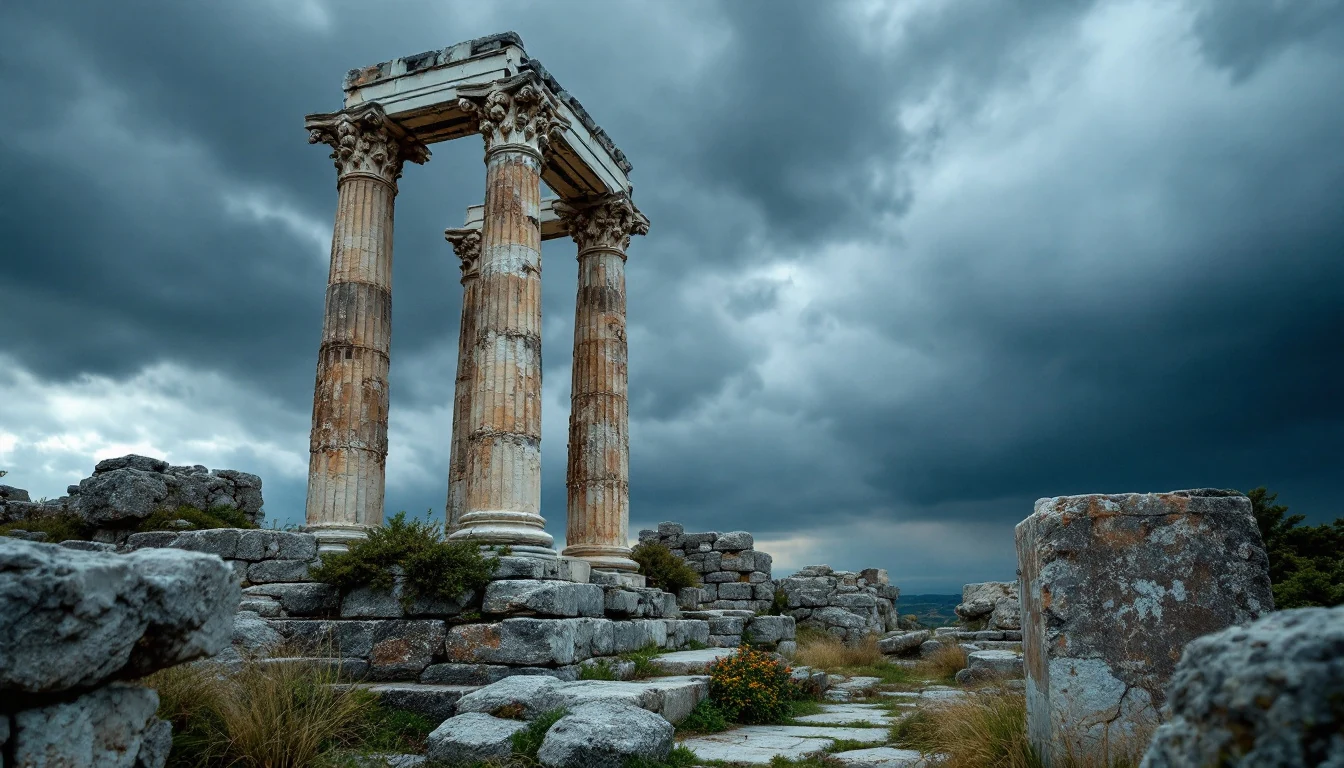 Ancient ruins with tall stone columns under a cloudy sky