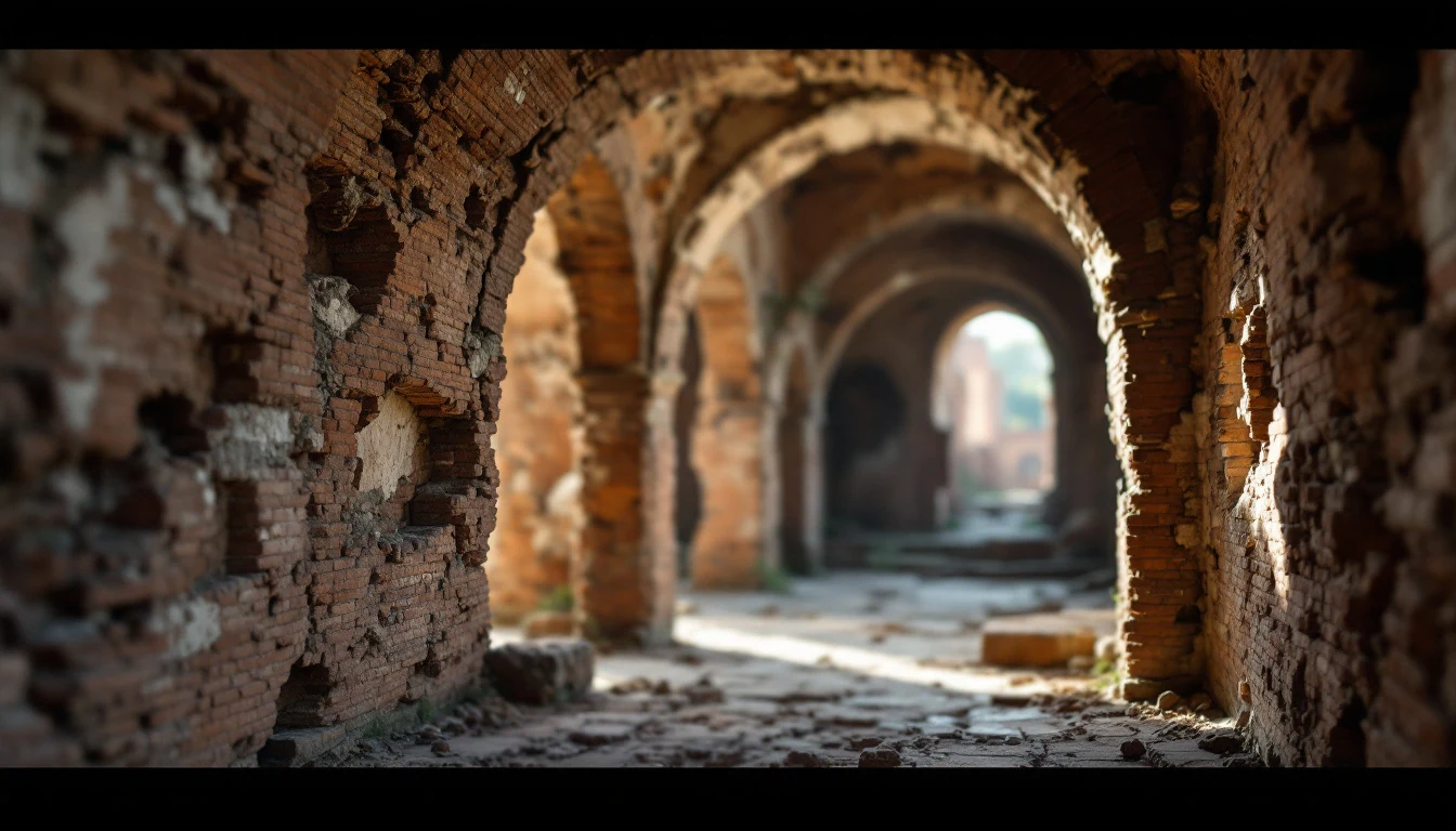 A close-up view of a brick archway corridor with sunlight casting shadows and debris on the floor