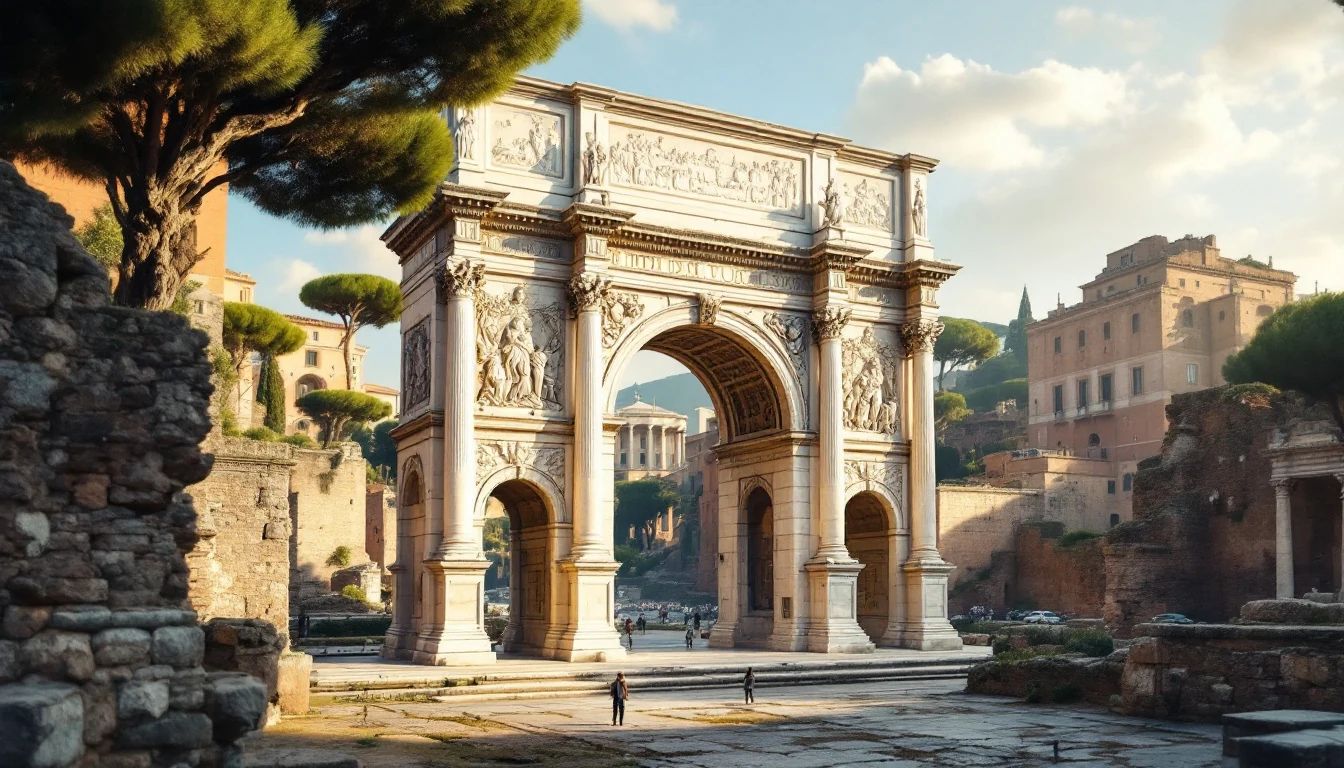 A large ancient triumphal arch monument surrounded by trees and old buildings under a blue sky with scattered clouds