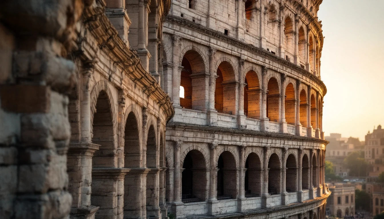 Close-up view of the exterior arches of an ancient stone amphitheater at sunset with city buildings in the background