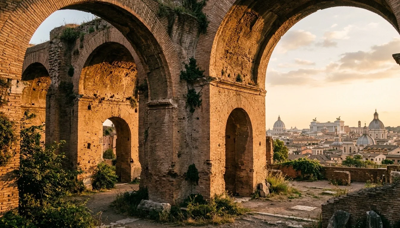 The ruined brick arches of the imperial palaces on the Palatine Hill in Rome in warm evening light