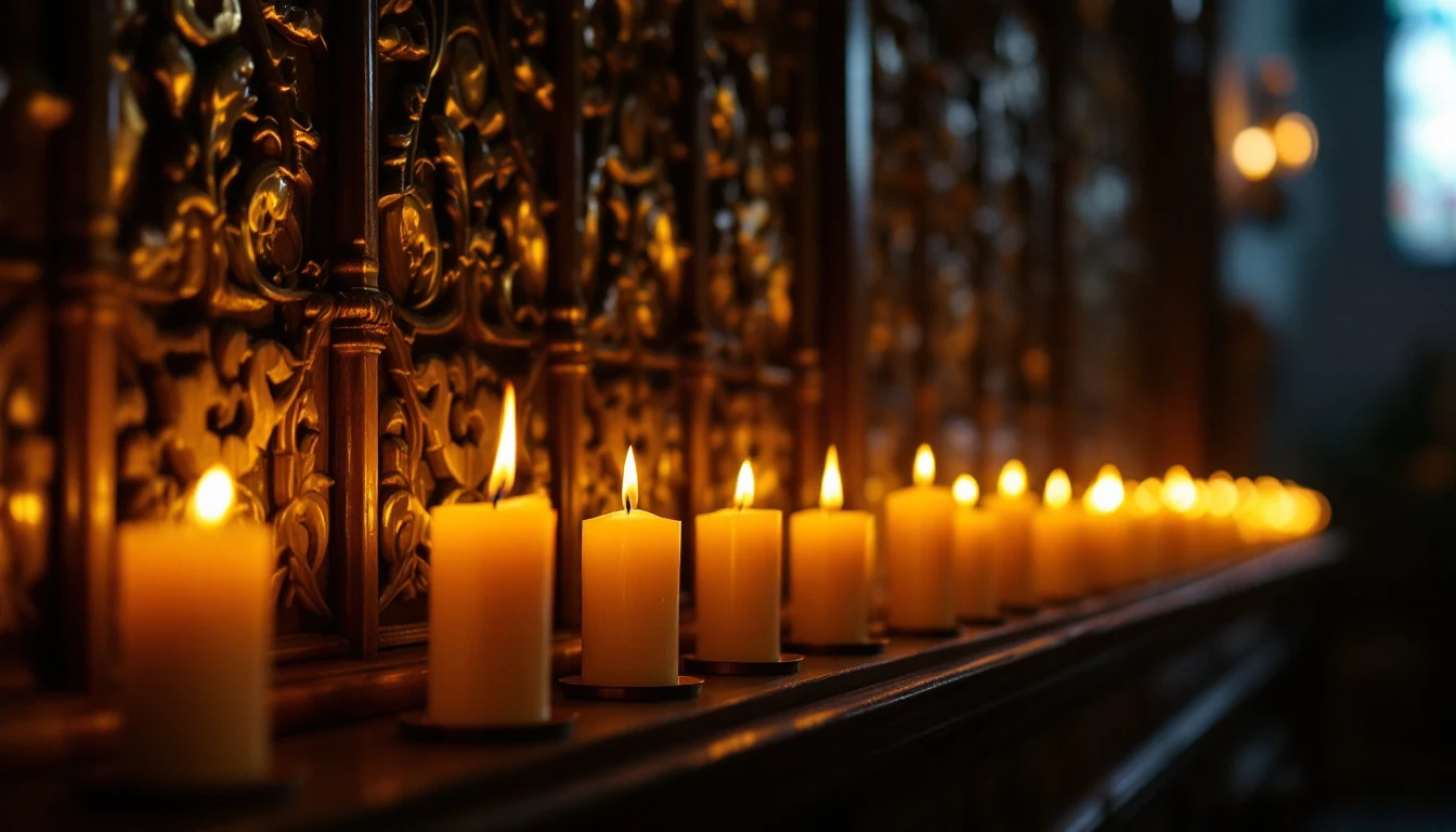 A row of lit candles placed on a wooden surface with ornate carved wood panels in the background