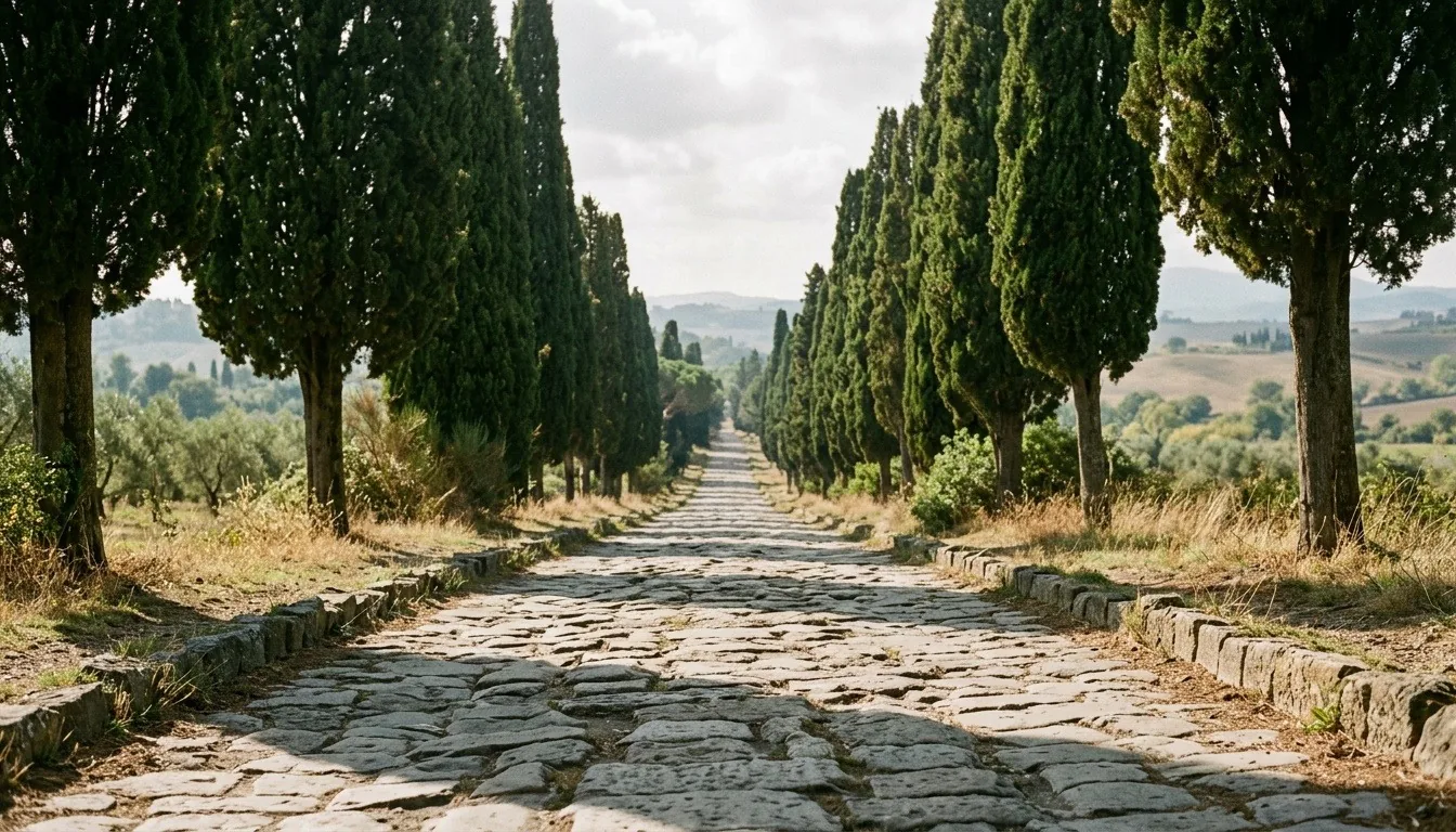 A long straight ancient paved Roman road of worn stone slabs running into the distance between tall cypress trees