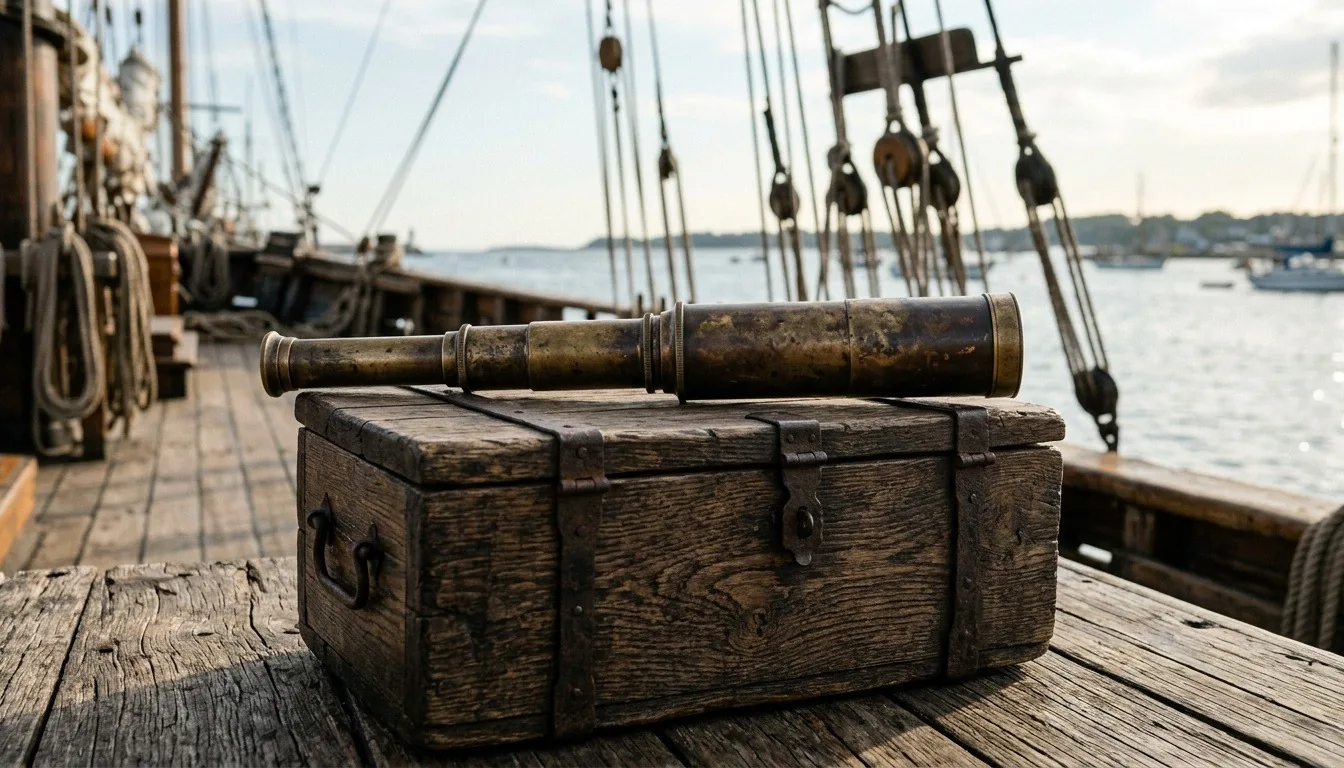 An old brass telescope resting on a closed wooden sea chest on the deck of a moored wooden tall ship