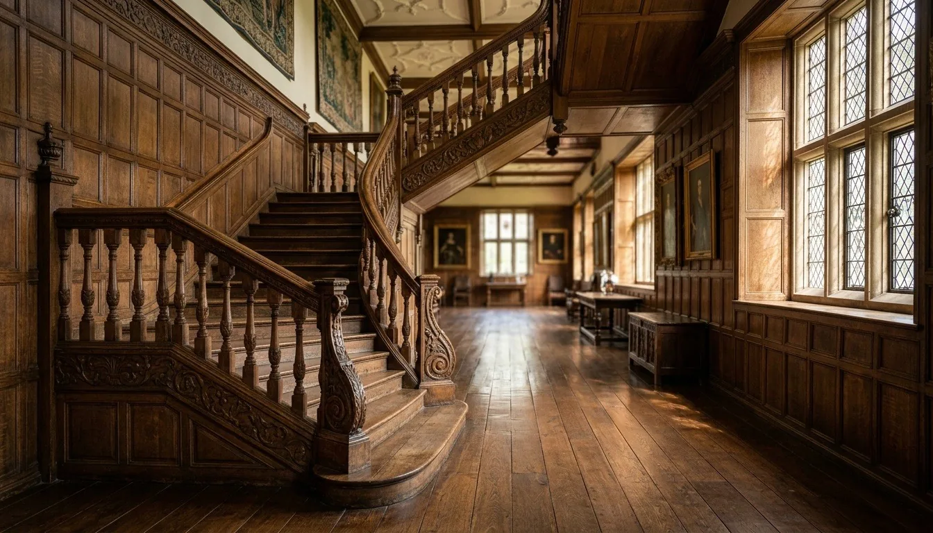 A Jacobean oak-panelled long gallery with a carved wooden staircase and afternoon light through leaded windows