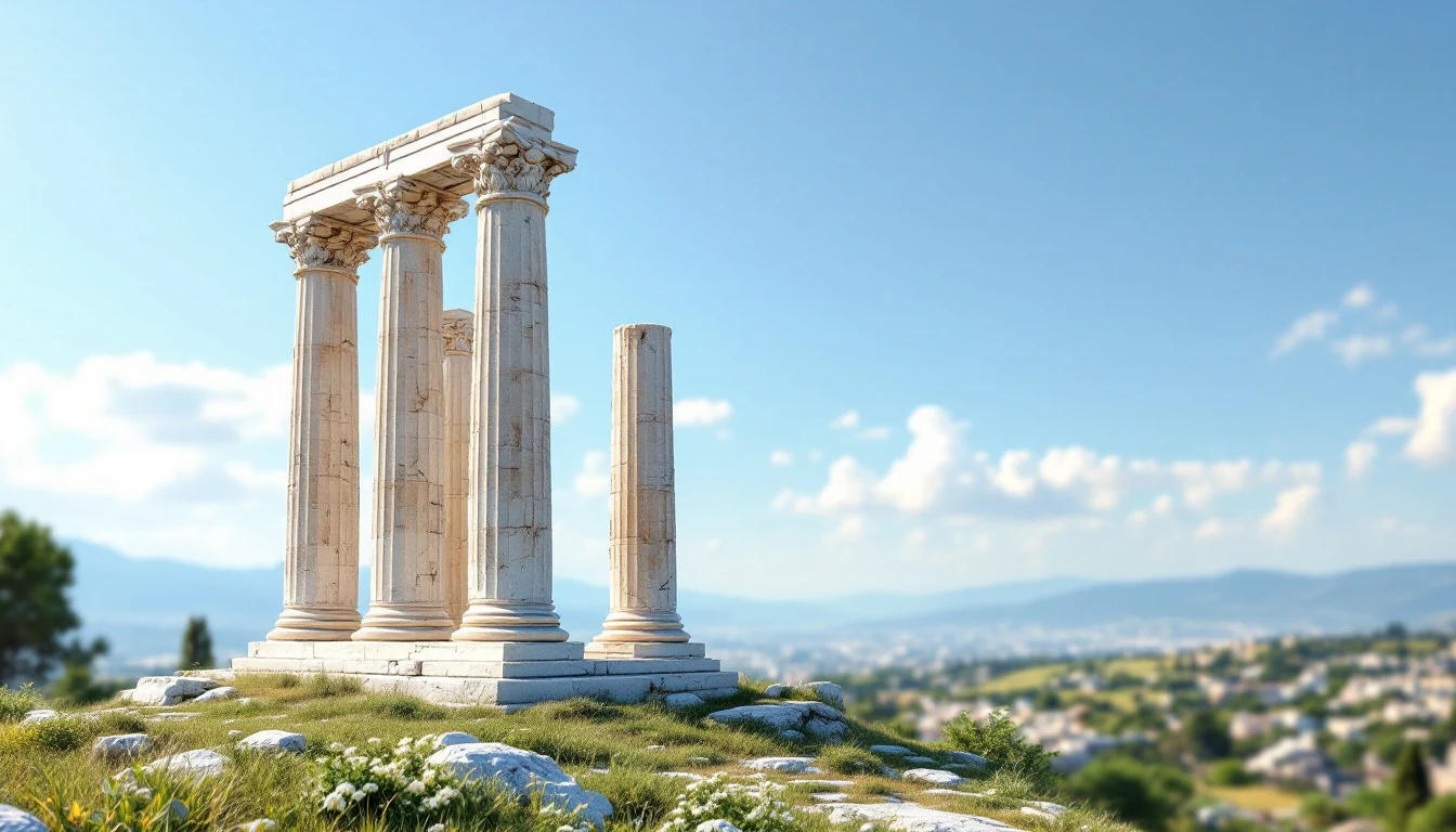 Stone columns on a grassy hill above a distant city and mountains
