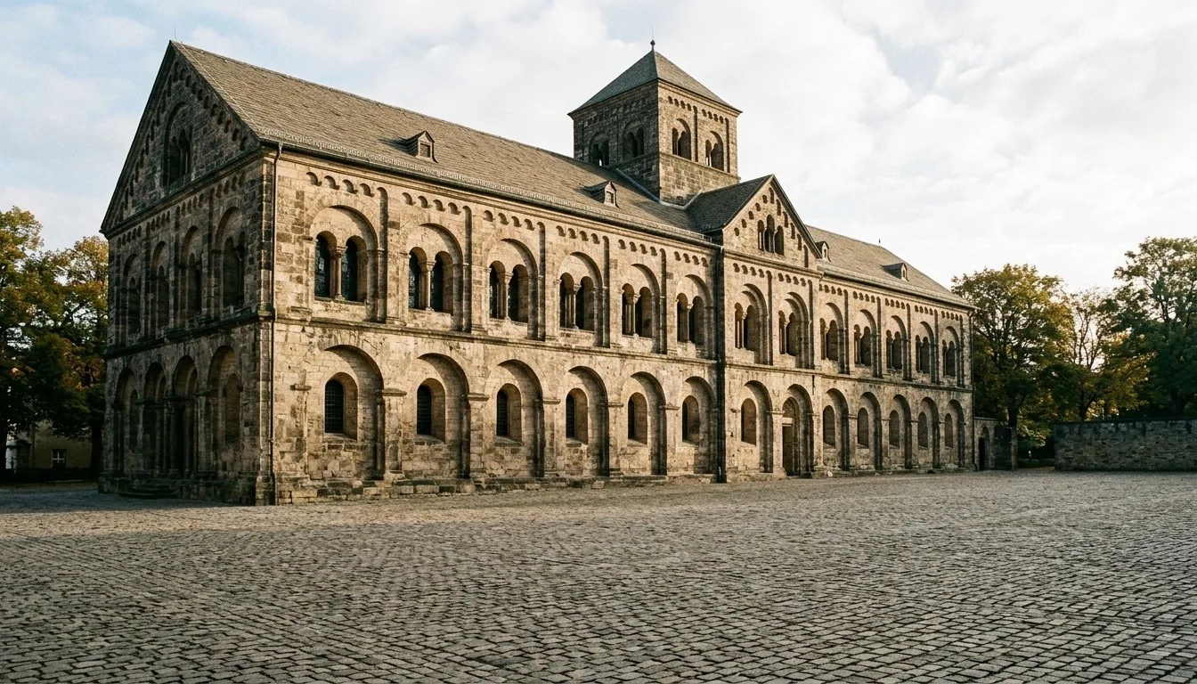 The stone exterior of a large Romanesque medieval imperial palace hall with rows of round-arched windows, seen across an empty cobbled square in morning light