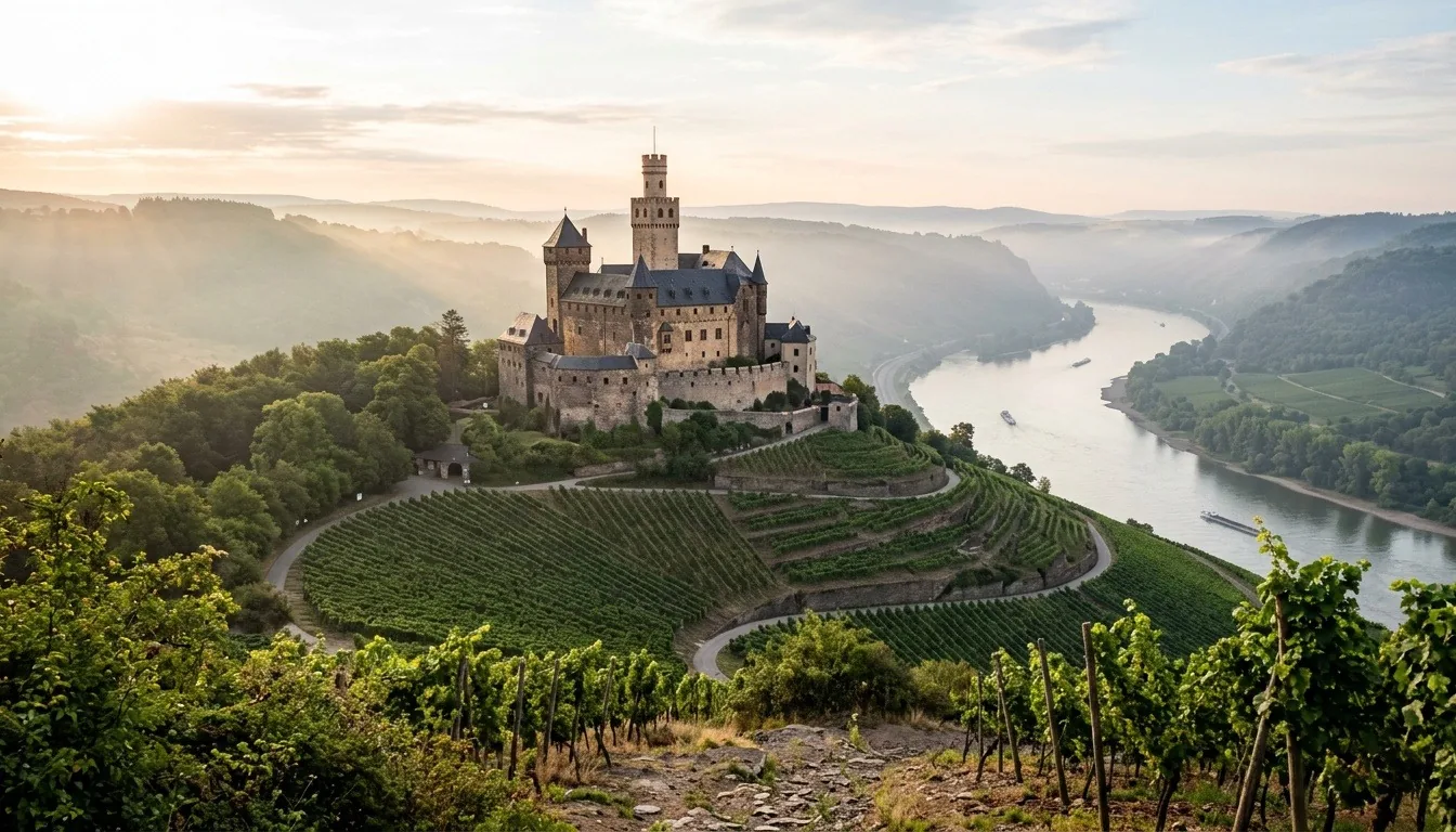 A medieval hilltop castle above the Rhine river with terraced vineyards in early morning mist