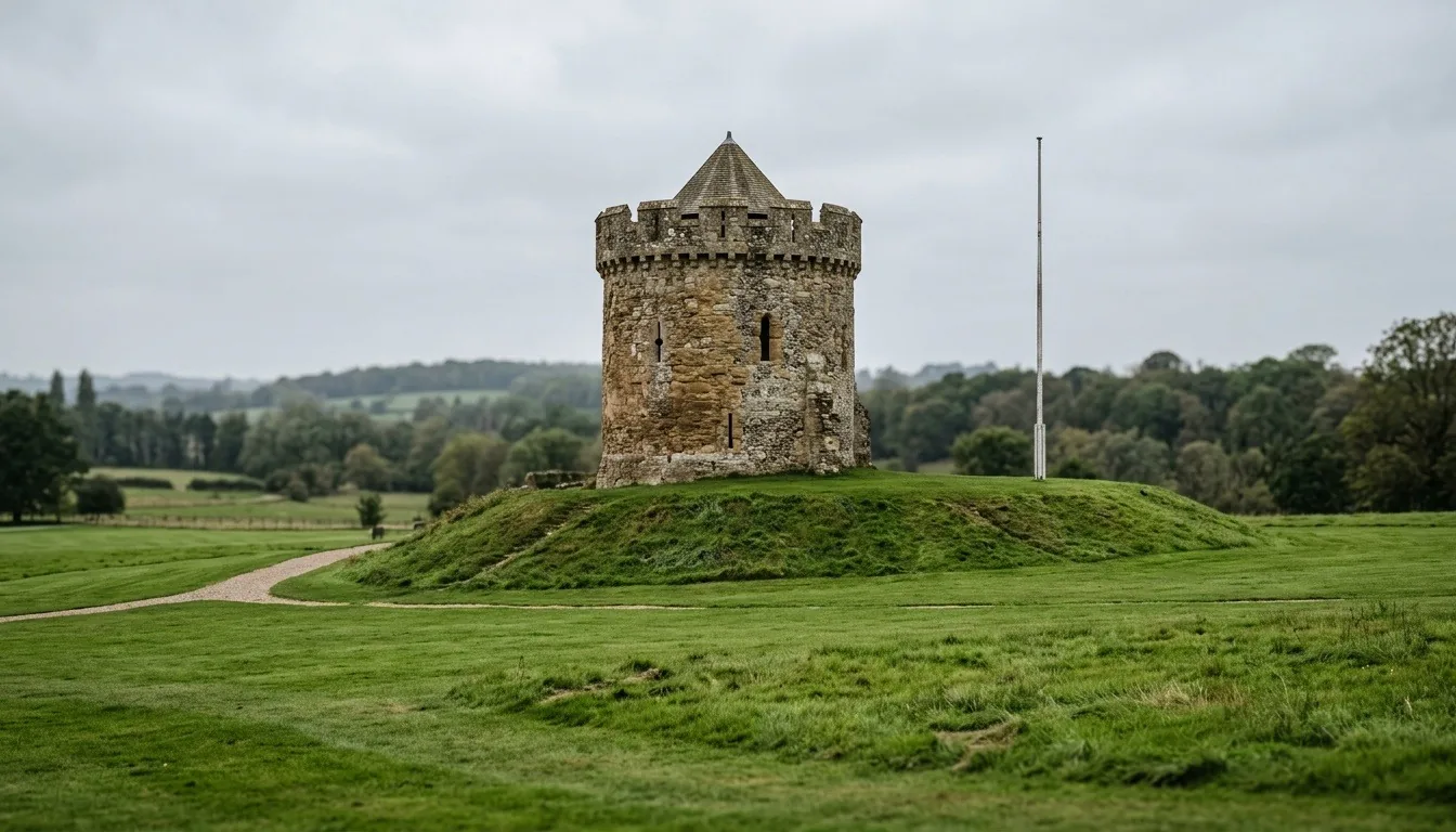 A medieval stone castle round tower on a grassy mound seen across wide green lawns under a soft grey English sky, empty flagpole