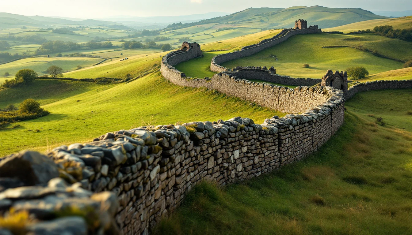 A long stone wall winding through green rolling hills under a clear sky