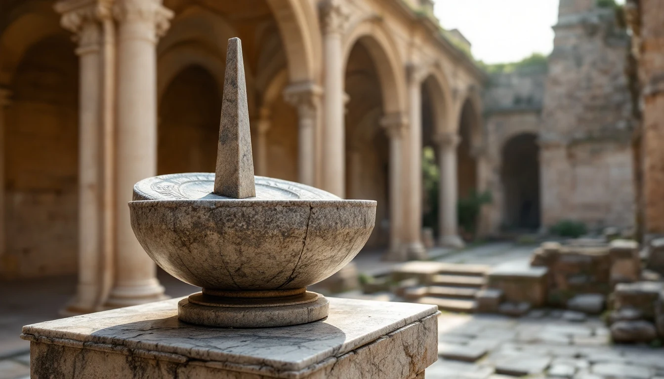 A stone bowl with a pointed centre in front of an arched building