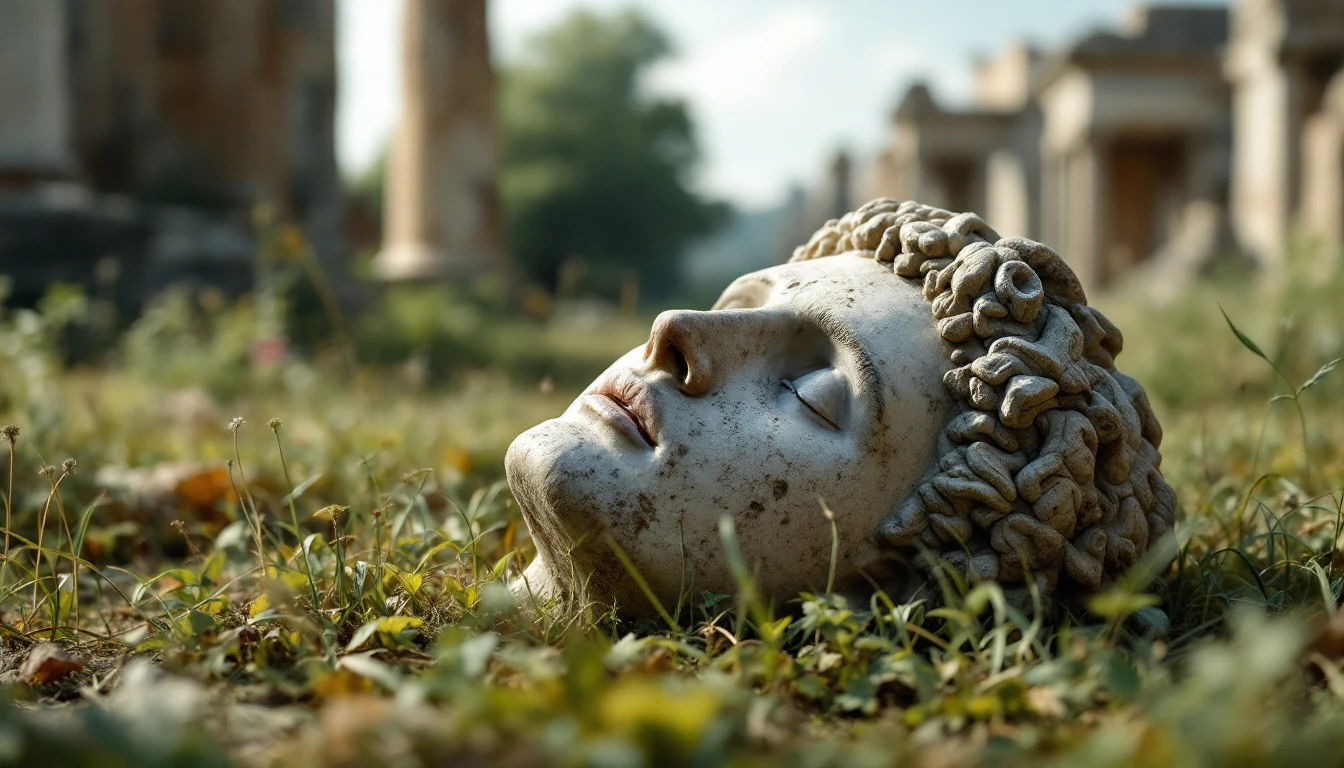 A detailed stone sculpture of a closed-eyed head lying on grass with blurred ancient ruins in the background