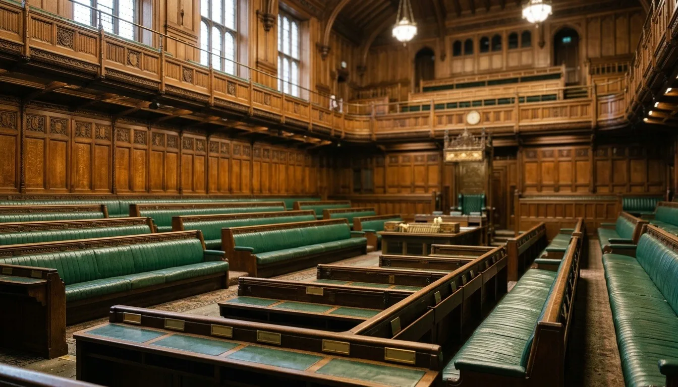 An empty wood-panelled parliamentary debating chamber with rows of green leather benches in soft daylight