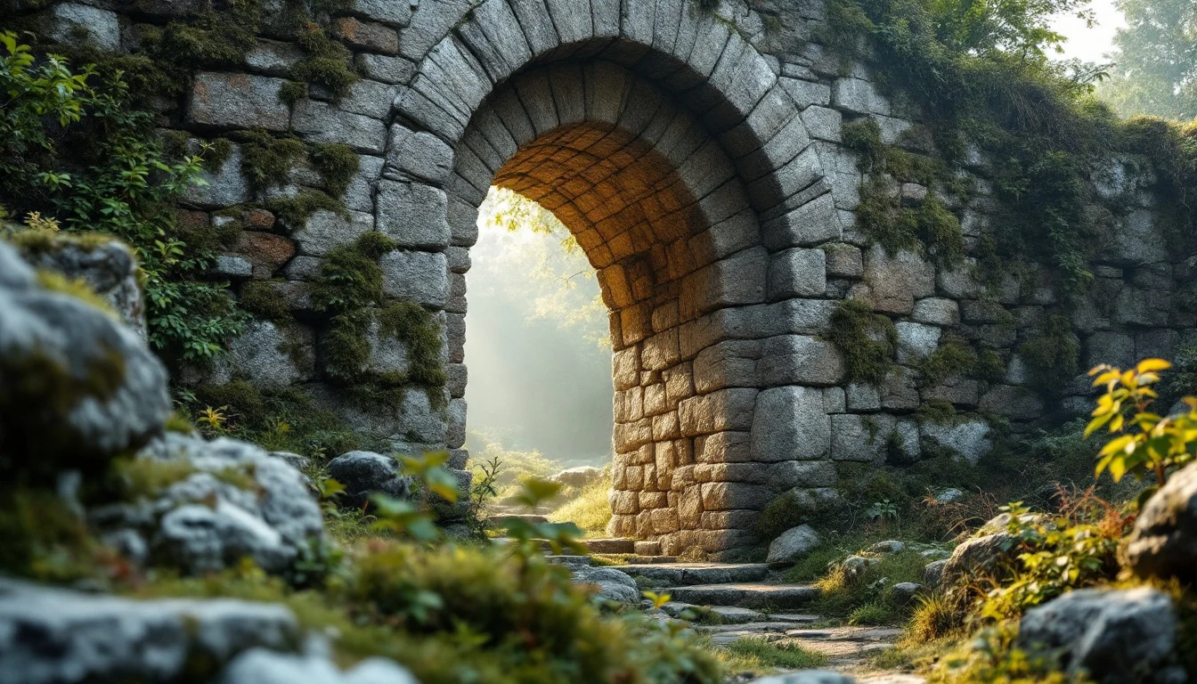 A stone archway surrounded by greenery with sunlight shining through, illuminating a path beyond