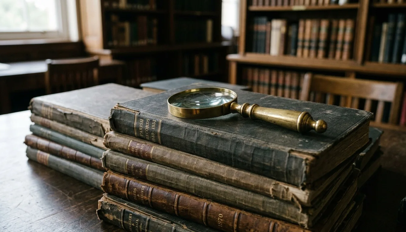 A brass magnifying glass resting on a pile of old closed archival record ledgers in a quiet archive reading room