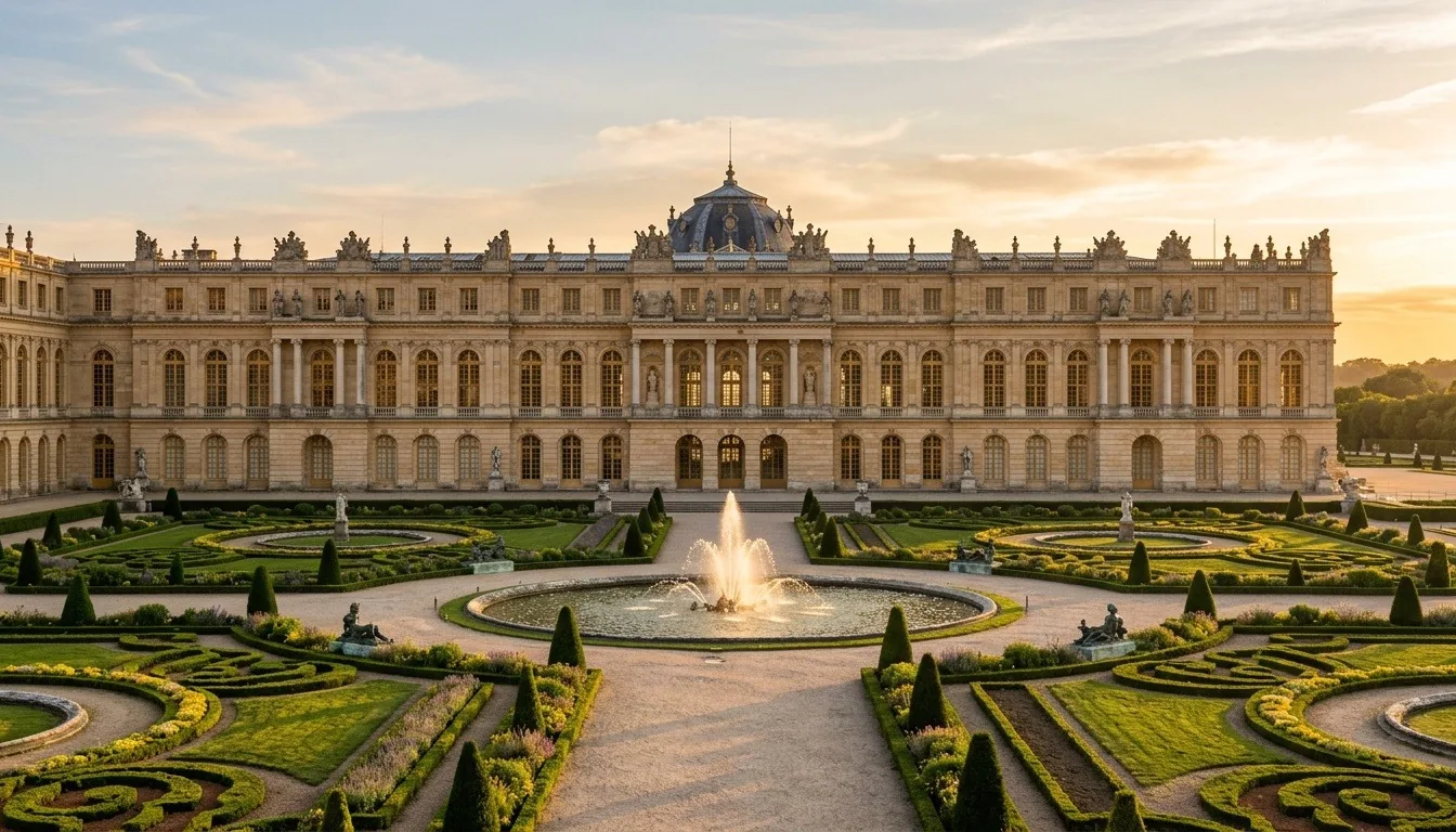 A baroque European royal palace facade with formal clipped gardens and fountains at golden hour