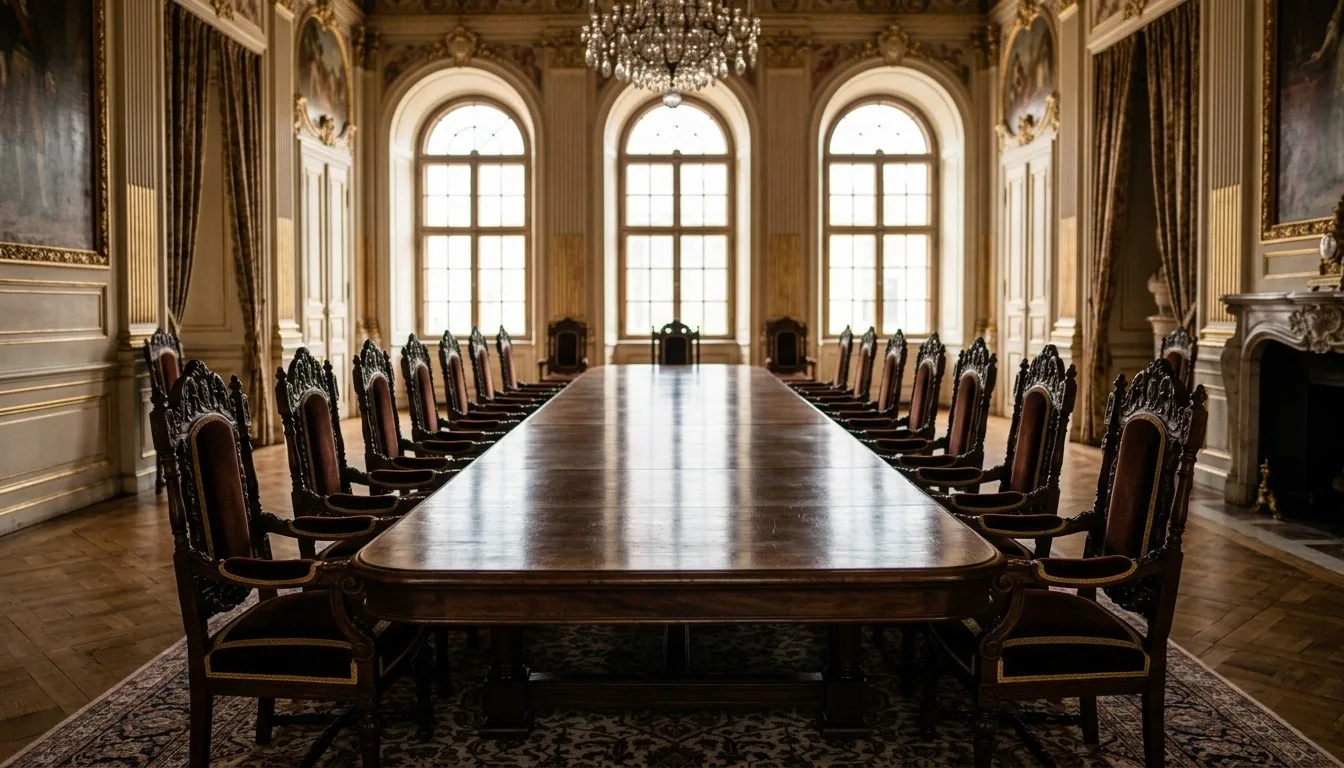 A long polished wooden council table with high-backed carved chairs in a palace state room with tall windows