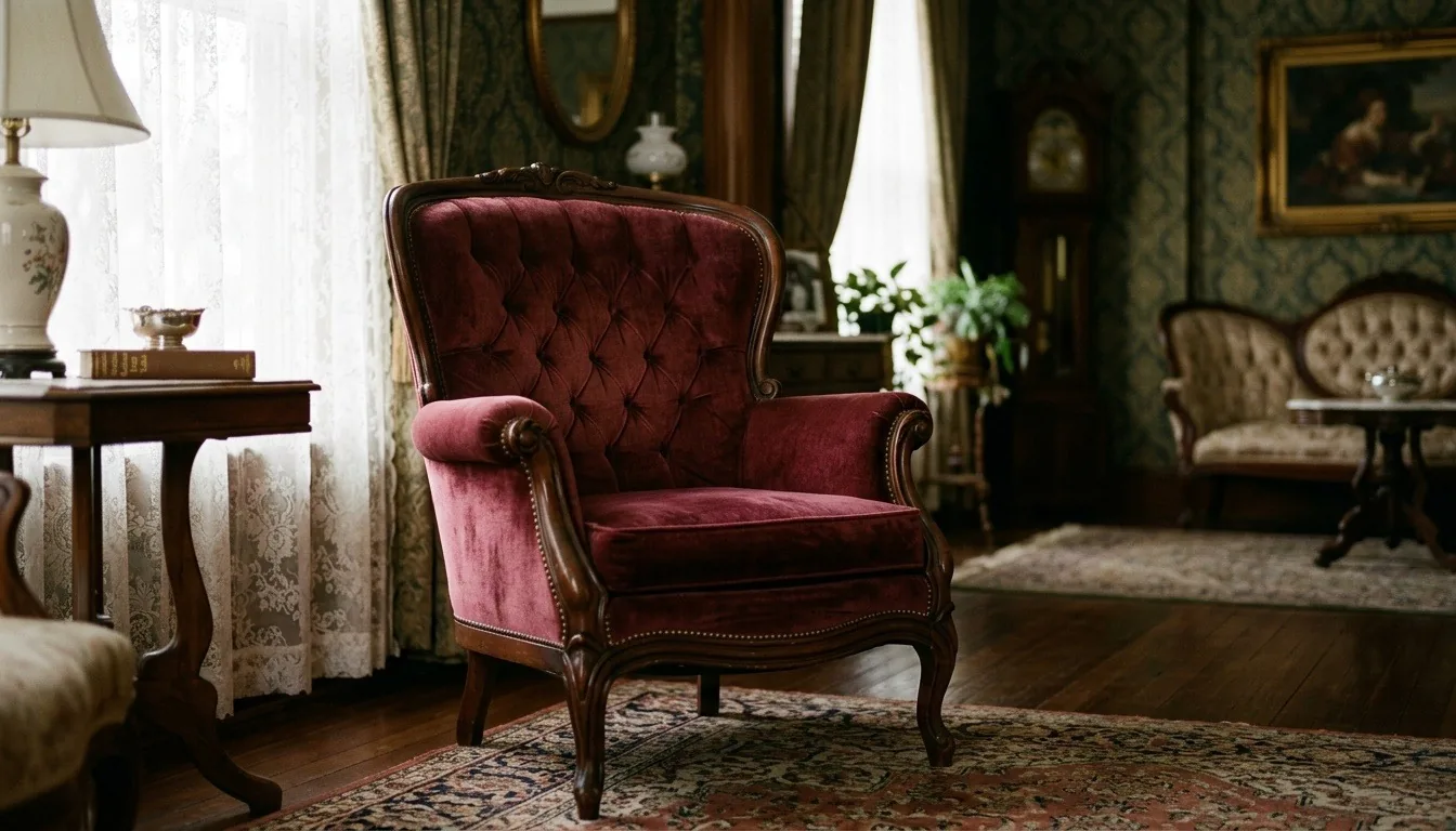 A Victorian parlour with a buttoned velvet armchair, a writing desk and a brass oil lamp by a lace-curtained window