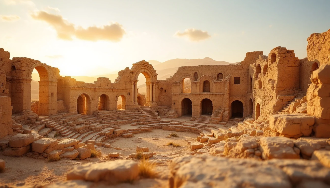 Ruined ancient stone amphitheater under a sunset sky with scattered clouds
