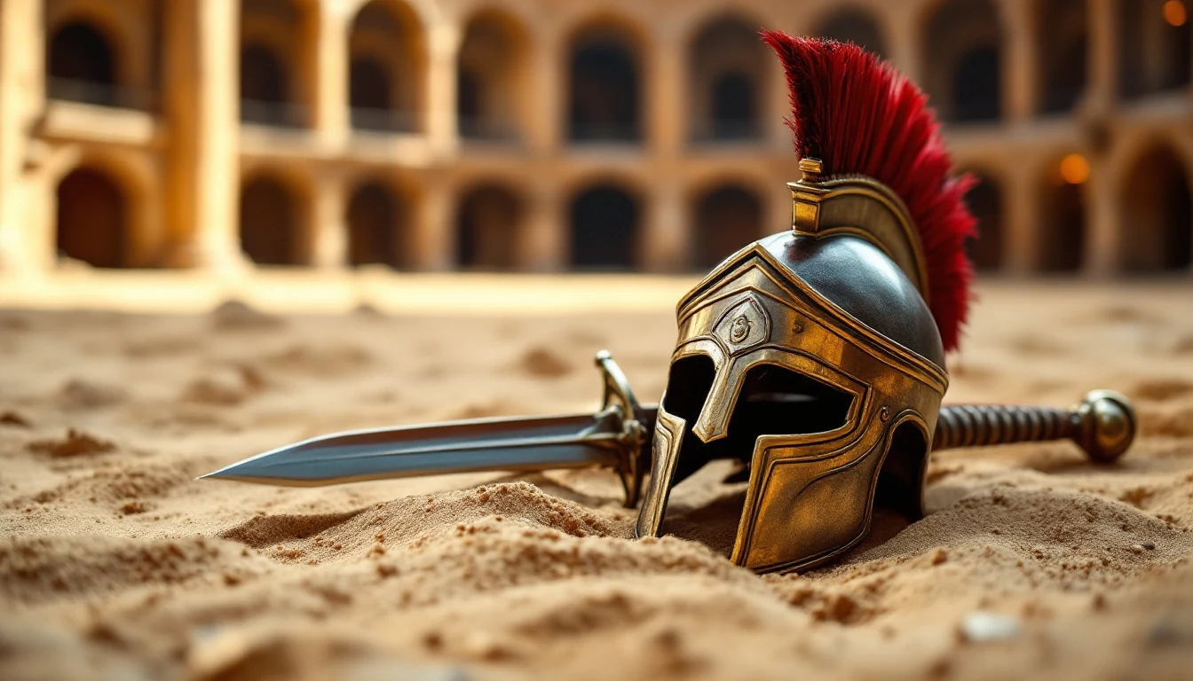 A helmet with a red plume beside a sword on sand in an arena