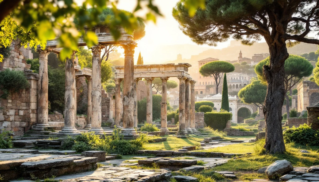 Ancient stone ruins with columns surrounded by lush greenery and trees under warm sunlight