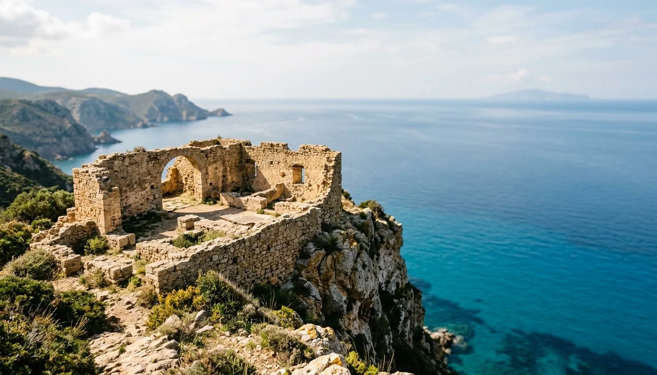 The cliff-top ruins of an ancient Roman villa on a Mediterranean island high above a deep blue sea